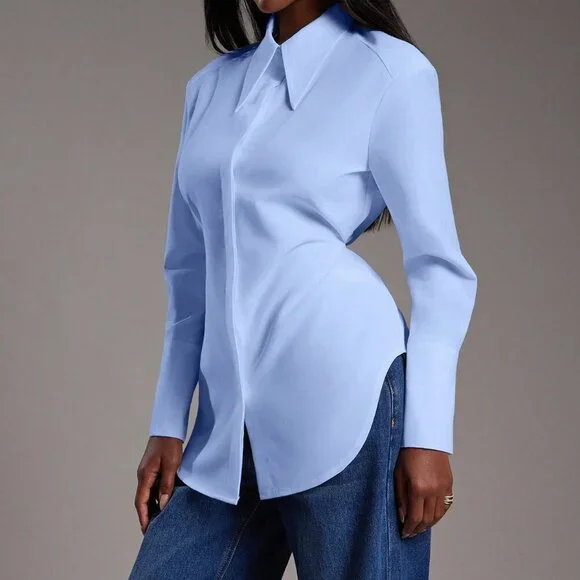 Blue Casual Women's Long Sleeve Button Up Top - Picture 6 of 7